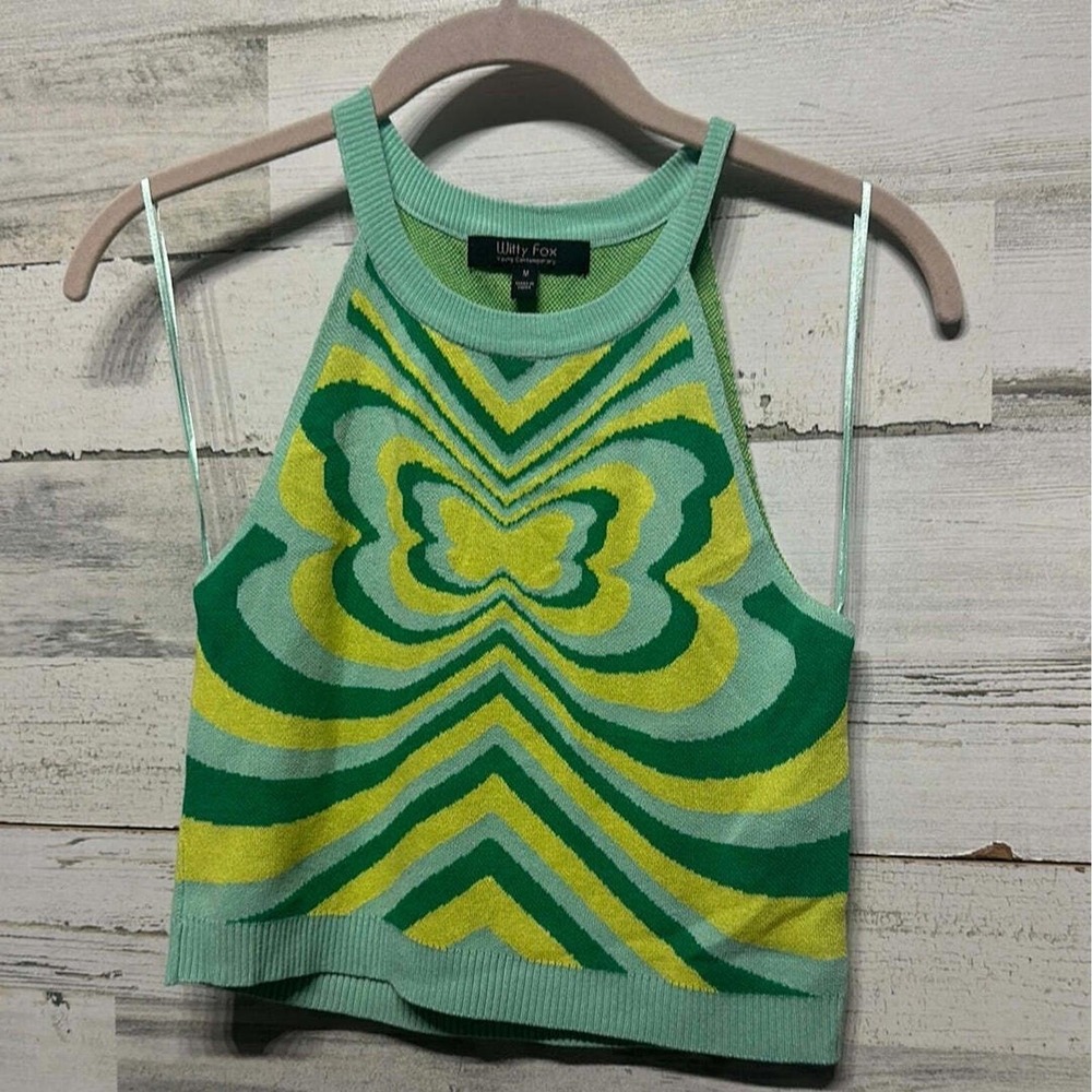 Witty Fox Halter Top Women Medium Green Butterfly Psychedelic Knit Crop EUC